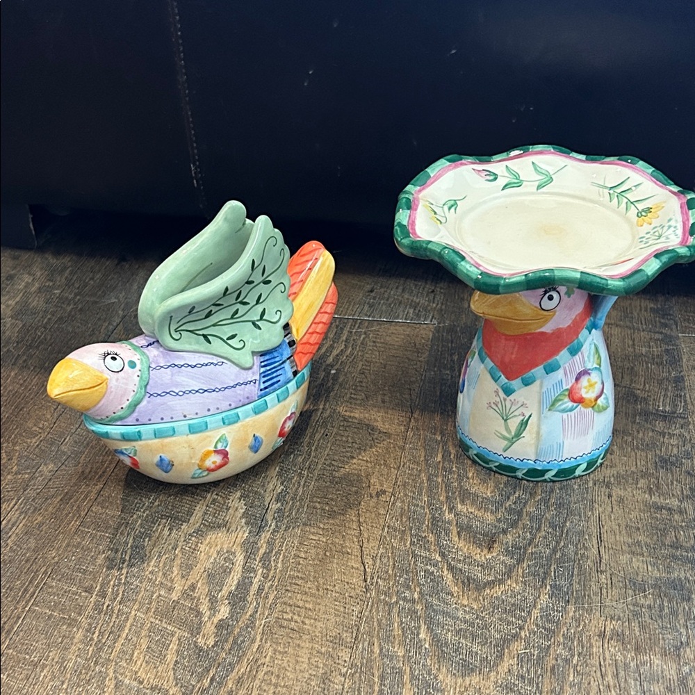 Fitz and Floyd Essentials Gypsy Chicks ceramic bird trinket dish / Candle holder